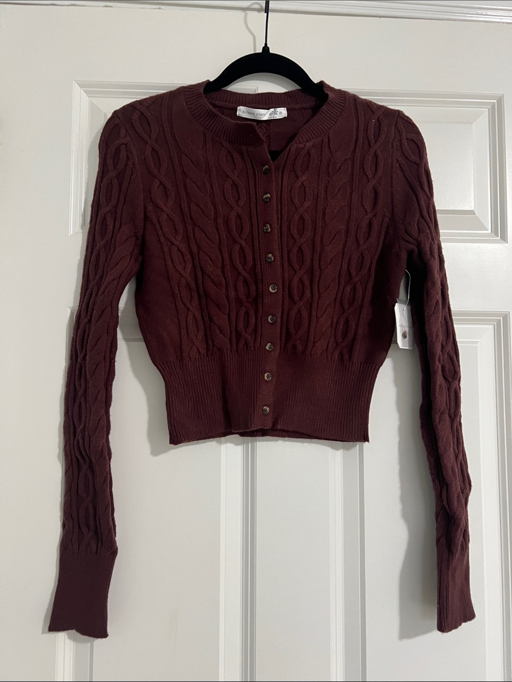 Altar'd State Burgundy Cable-Knit Button Cardigan